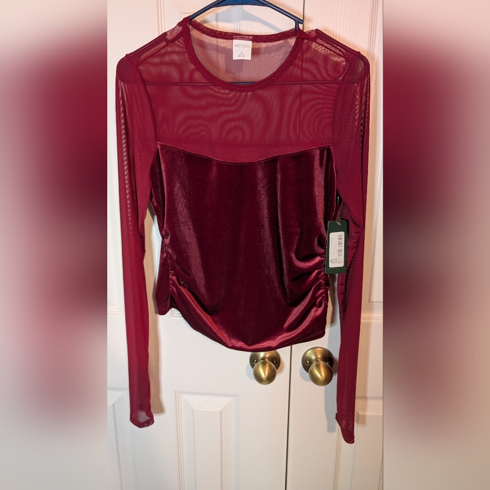 Wild Fable Deep Red Mesh Long Sleeve Top